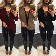 Load image into Gallery viewer, Top ZANZEA Women Sweater 2019 Autumn Sexy Knitted Sweters Thin knitwear Lace Up V Neck Hollow Out Long Sleeve Sweaters Plus Size