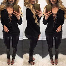 Load image into Gallery viewer, Top ZANZEA Women Sweater 2019 Autumn Sexy Knitted Sweters Thin knitwear Lace Up V Neck Hollow Out Long Sleeve Sweaters Plus Size