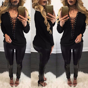 Top ZANZEA Women Sweater 2019 Autumn Sexy Knitted Sweters Thin knitwear Lace Up V Neck Hollow Out Long Sleeve Sweaters Plus Size