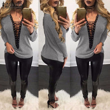 Load image into Gallery viewer, Top ZANZEA Women Sweater 2019 Autumn Sexy Knitted Sweters Thin knitwear Lace Up V Neck Hollow Out Long Sleeve Sweaters Plus Size