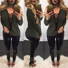 Load image into Gallery viewer, Top ZANZEA Women Sweater 2019 Autumn Sexy Knitted Sweters Thin knitwear Lace Up V Neck Hollow Out Long Sleeve Sweaters Plus Size