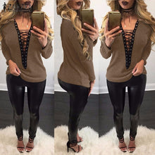 Load image into Gallery viewer, Top ZANZEA Women Sweater 2019 Autumn Sexy Knitted Sweters Thin knitwear Lace Up V Neck Hollow Out Long Sleeve Sweaters Plus Size