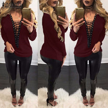 Load image into Gallery viewer, Top ZANZEA Women Sweater 2019 Autumn Sexy Knitted Sweters Thin knitwear Lace Up V Neck Hollow Out Long Sleeve Sweaters Plus Size