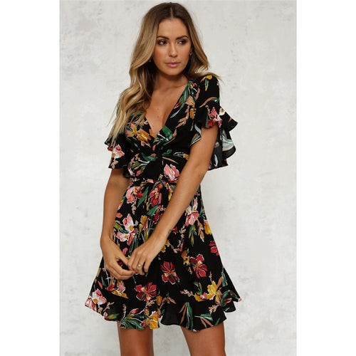 New Fashion Women's Boho V Neck Short Sleeve Dress Floral Printed Slim Dress Ladies Beach Evening Party Mini Sundress Summer