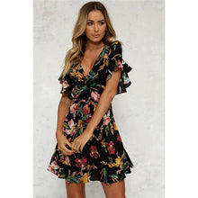 Load image into Gallery viewer, New Fashion Women&#39;s Boho V Neck Short Sleeve Dress Floral Printed Slim Dress Ladies Beach Evening Party Mini Sundress Summer