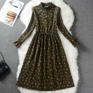 Autumn Winter Women Sweet Corduroy Dress Stand Collar Print Long Sleeve Femininos Vestidos Mori Girl Elegant Loose-Waist Dress