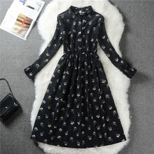 Load image into Gallery viewer, Autumn Winter Women Sweet Corduroy Dress Stand Collar Print Long Sleeve Femininos Vestidos Mori Girl Elegant Loose-Waist Dress