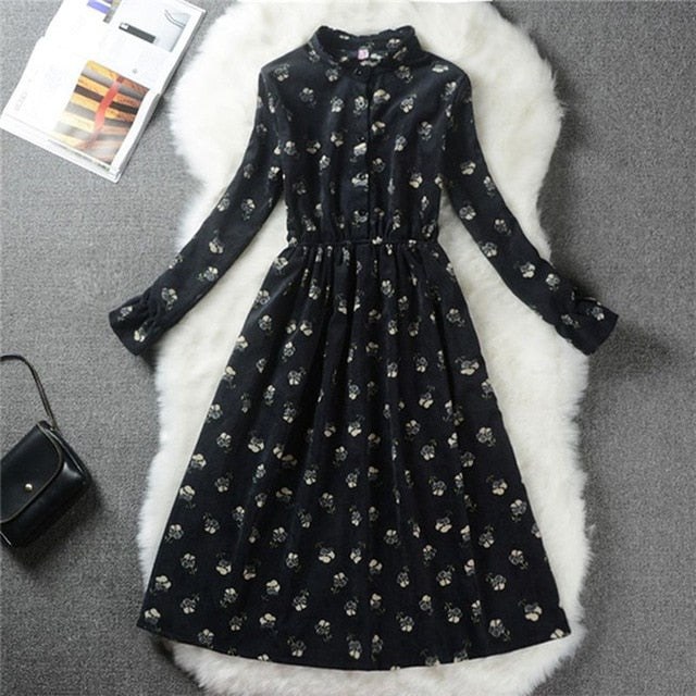 Autumn Winter Women Sweet Corduroy Dress Stand Collar Print Long Sleeve Femininos Vestidos Mori Girl Elegant Loose-Waist Dress