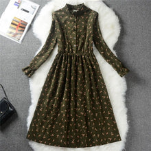 Load image into Gallery viewer, Autumn Winter Women Sweet Corduroy Dress Stand Collar Print Long Sleeve Femininos Vestidos Mori Girl Elegant Loose-Waist Dress