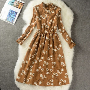 Autumn Winter Women Sweet Corduroy Dress Stand Collar Print Long Sleeve Femininos Vestidos Mori Girl Elegant Loose-Waist Dress