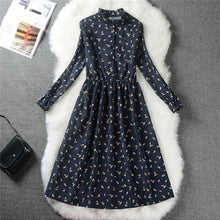 Load image into Gallery viewer, Autumn Winter Women Sweet Corduroy Dress Stand Collar Print Long Sleeve Femininos Vestidos Mori Girl Elegant Loose-Waist Dress