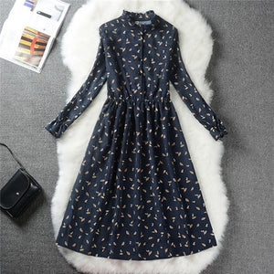 Autumn Winter Women Sweet Corduroy Dress Stand Collar Print Long Sleeve Femininos Vestidos Mori Girl Elegant Loose-Waist Dress