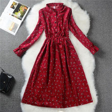 Load image into Gallery viewer, Autumn Winter Women Sweet Corduroy Dress Stand Collar Print Long Sleeve Femininos Vestidos Mori Girl Elegant Loose-Waist Dress