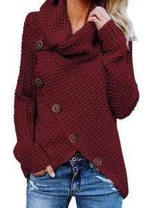 Long-sleeved sweater five-button high-necked pullover solid color women's autumn and winter casual loose tops