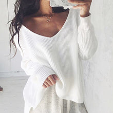 Load image into Gallery viewer, Women Sexy Off Shoulder Split Knitted Sweater Autumn Winter Brand Black Pullovers Knitwear 2019 White Jumper Pull Femmel Sweater