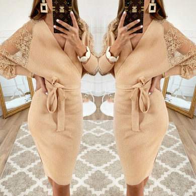 Women Dress 2019 Knitted Mini Dress Autumn Winter Ladies Sexy Khaki Sweater Dress Long Sleeve Vintage Club Dress