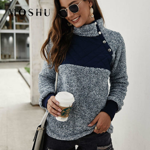 Sweatshirts Hoodies For Women Long Sleeve Kpop Female Streetwear Winter Patchwork Warm Soft Plush Turtleneck Top Sudadera Mujer