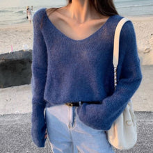 Load image into Gallery viewer, Autumn Women Knitted Sweater Solid Color Mohair Pullover V Neck Sweet Loose Long-sleeve Knitwear Sweaters jumper pull femme Tops