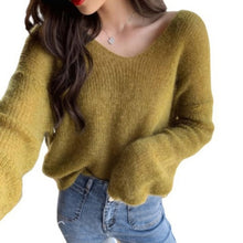 Load image into Gallery viewer, Autumn Women Knitted Sweater Solid Color Mohair Pullover V Neck Sweet Loose Long-sleeve Knitwear Sweaters jumper pull femme Tops