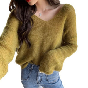 Autumn Women Knitted Sweater Solid Color Mohair Pullover V Neck Sweet Loose Long-sleeve Knitwear Sweaters jumper pull femme Tops