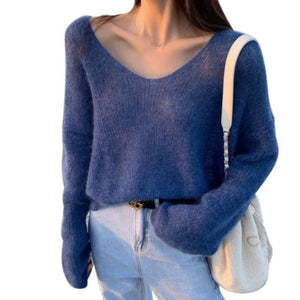 Autumn Women Knitted Sweater Solid Color Mohair Pullover V Neck Sweet Loose Long-sleeve Knitwear Sweaters jumper pull femme Tops