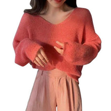 Load image into Gallery viewer, Autumn Women Knitted Sweater Solid Color Mohair Pullover V Neck Sweet Loose Long-sleeve Knitwear Sweaters jumper pull femme Tops