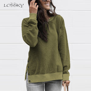 Lossky Sweatshirts Women Long Sleeve Autumn Pullover Tops Female New Side Slit With Buttons casual Ladies Simple Clothing 2019