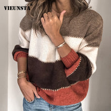 Load image into Gallery viewer, VIEUNSTA Fashion Patchwork O-neck Autumn Winter Sweater 2019 Women Long Sleeve Warm Knitted Sweaters Pullover Female Tops Jumper