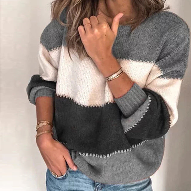 VIEUNSTA Fashion Patchwork O-neck Autumn Winter Sweater 2019 Women Long Sleeve Warm Knitted Sweaters Pullover Female Tops Jumper