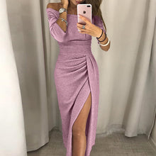 Load image into Gallery viewer, Long Sexy Off Shoulder Party Dress Women High Slit Bodycon Shein Dress Autumn Three Quarter Sleeve Bright Silk Shiny Dress