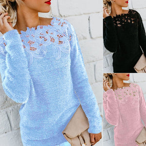 Hot sale Women Slim Sweater Fashion Lace Neck Tops Long Sleeve Pullover Plus Size O Neck Knitwear Top Lace Floral Collar Winter