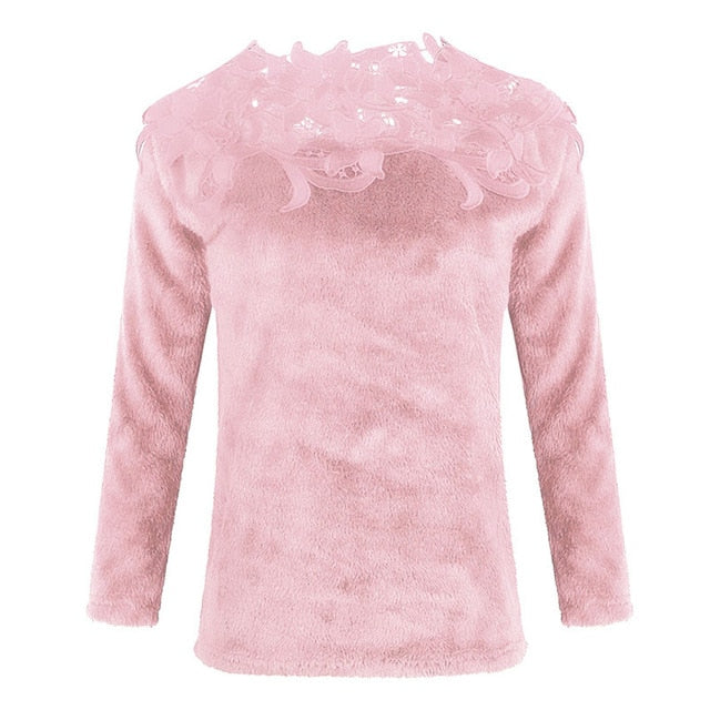 Hot sale Women Slim Sweater Fashion Lace Neck Tops Long Sleeve Pullover Plus Size O Neck Knitwear Top Lace Floral Collar Winter