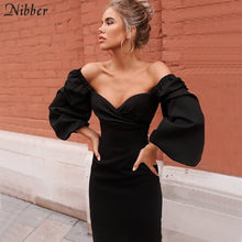 Load image into Gallery viewer, Nibber sexy pure V Neck off shoulder bodycon dress women autumn winter club party night red Elegant midi dress Mujer black dress