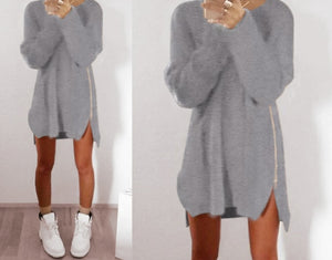 Autumn Winter Solid Knitted Cotton Sweater Dresses Women Fashion Loose O-neck Pullover Female Knitted Dress Vestidos