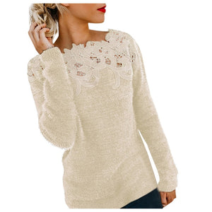 Elegant Women Lace Sweaters Flower Appliques Knitted Pullovers Female Long Sleeve Winter Jumper Slim Casual Tops Warm Knitwear