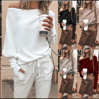 Women Sweater Autumn Fashion Casual Loose Solid Pullovers One Shoulder knitted Sweater Ladies Slash Neck Sexy Tops Plus Size