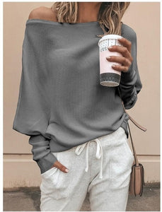 Women Sweater Autumn Fashion Casual Loose Solid Pullovers One Shoulder knitted Sweater Ladies Slash Neck Sexy Tops Plus Size