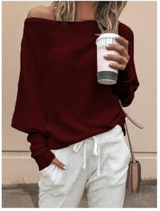 Women Sweater Autumn Fashion Casual Loose Solid Pullovers One Shoulder knitted Sweater Ladies Slash Neck Sexy Tops Plus Size