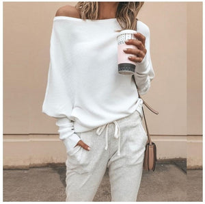 Women Sweater Autumn Fashion Casual Loose Solid Pullovers One Shoulder knitted Sweater Ladies Slash Neck Sexy Tops Plus Size