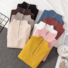 Load image into Gallery viewer, 2019 Autumn Winter Women Knitted Sweaters Pullovers Turtleneck Long Sleeve Solid Color Slim Elastic Zipper Female Sweater Top