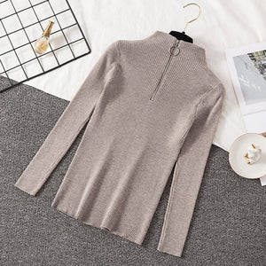 2019 Autumn Winter Women Knitted Sweaters Pullovers Turtleneck Long Sleeve Solid Color Slim Elastic Zipper Female Sweater Top