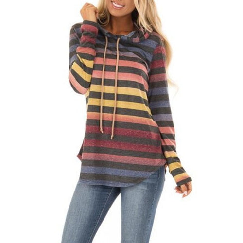 Women Autumn Hoodies Striped Mixed Color Pullover Tops Slim Fit Sweatshirt Female Lady Casual Hoodies KS-shipping