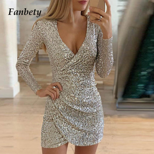 Lady Sequin Glitter Shiny Club Mini Dress Women Sexy Deep V-neck Slit Bodycon Dress Autumn Long Sleeve Party Dress Dropshipping