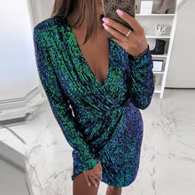 Load image into Gallery viewer, Lady Sequin Glitter Shiny Club Mini Dress Women Sexy Deep V-neck Slit Bodycon Dress Autumn Long Sleeve Party Dress Dropshipping