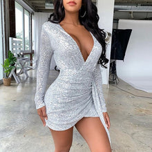 Load image into Gallery viewer, Lady Sequin Glitter Shiny Club Mini Dress Women Sexy Deep V-neck Slit Bodycon Dress Autumn Long Sleeve Party Dress Dropshipping