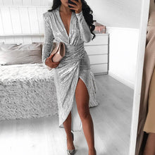 Load image into Gallery viewer, Lady Sequin Glitter Shiny Club Mini Dress Women Sexy Deep V-neck Slit Bodycon Dress Autumn Long Sleeve Party Dress Dropshipping