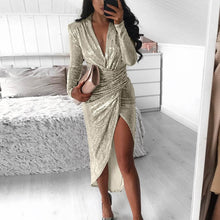 Load image into Gallery viewer, Lady Sequin Glitter Shiny Club Mini Dress Women Sexy Deep V-neck Slit Bodycon Dress Autumn Long Sleeve Party Dress Dropshipping