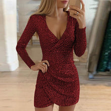 Load image into Gallery viewer, Lady Sequin Glitter Shiny Club Mini Dress Women Sexy Deep V-neck Slit Bodycon Dress Autumn Long Sleeve Party Dress Dropshipping