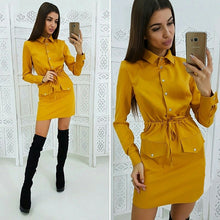 Load image into Gallery viewer, Women Casual Sashes Button Sheath Dress Turn Down Collar Long Sleeve Solid Dress 2019 Autumn Fashion Vintage Elegant Mini Dress