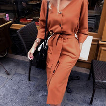 Load image into Gallery viewer, Sexy v Neck Autumn Long Sleeve Women Dress Ladies Sashes Button Casual Office Dress 2019 New Fashion Women Midi Dress Vintage